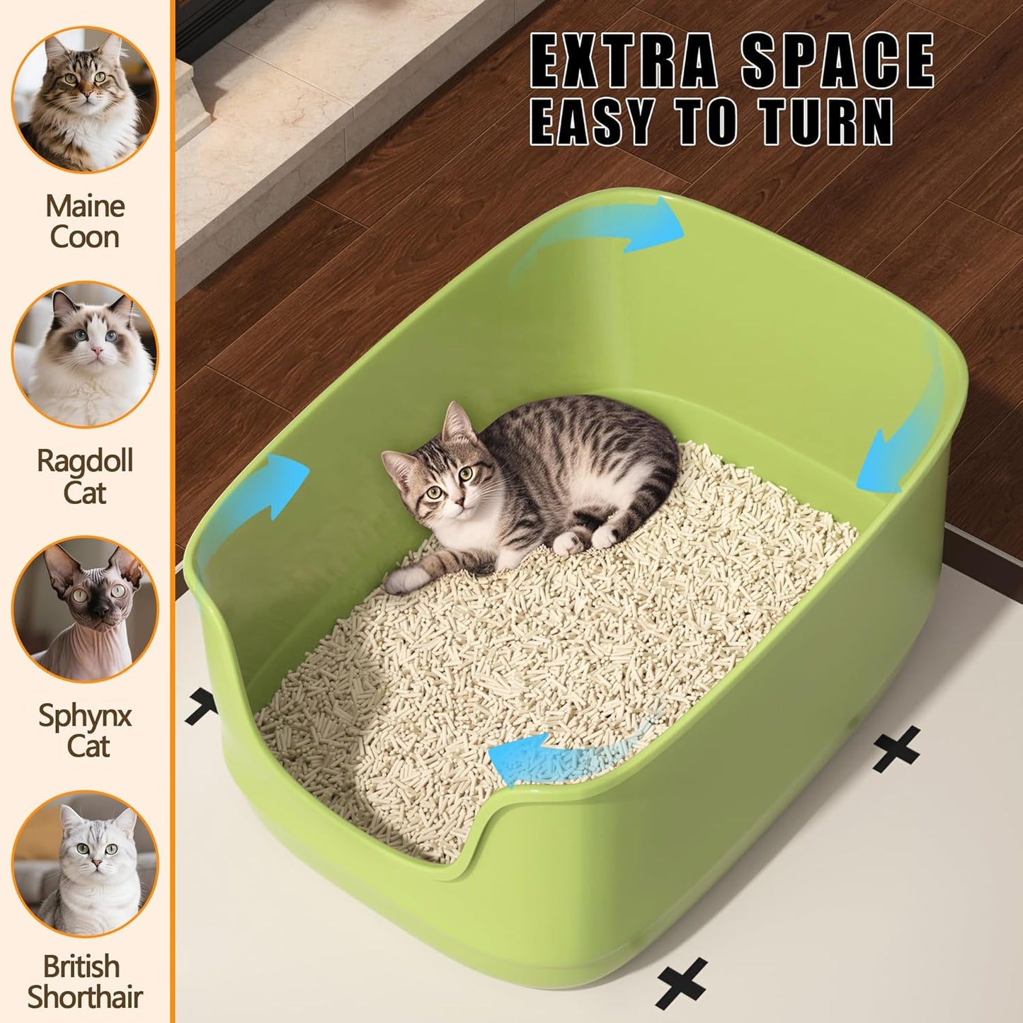 Gefryco Large Cat Litter Box with High Sided 24.6"x18.3"x12.2" - Jumbo Extra Large Open Anti - Splashing High Wall for Multiple Cats (Green)