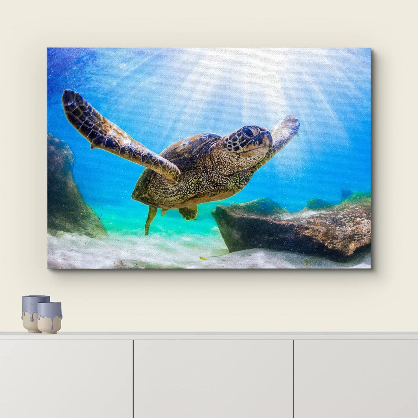 wall26 Canvas Print Wall Art Sunlight Ray Tropical Turtle Swimming Ocean Nature Animals Photography Realism Rustic Scenic Landscape Wilderness Colorful for Living Room, Bedroom, Office - 12"x18"