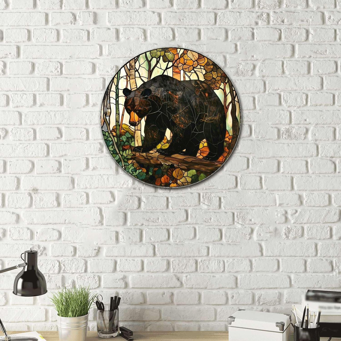 Lygond Metal Sign Tin Sign Circular Stained Glass American Black Bear Funny Outdoor Decor for Gift 12×12 Inches