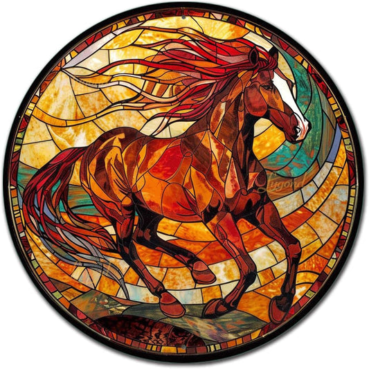Lygond Metal Sign Tin Sign Circular Stained Glass American Mustang Bar Signs for Home Decor for Garden 12×12 Inches