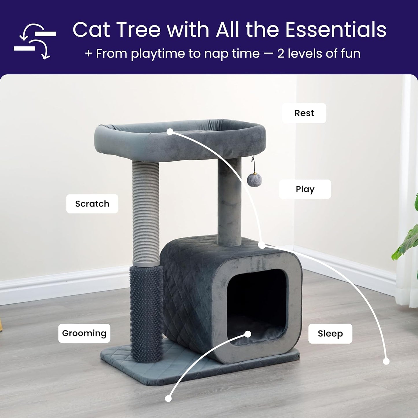 Catry 30" High 3 Level Modern Cat Tree with Large Base Condo,Removable Washable Top Bed, Recycled Paper Scratching Post, Self Grooming Brush, for Small Medium Cat(Dim Gray)