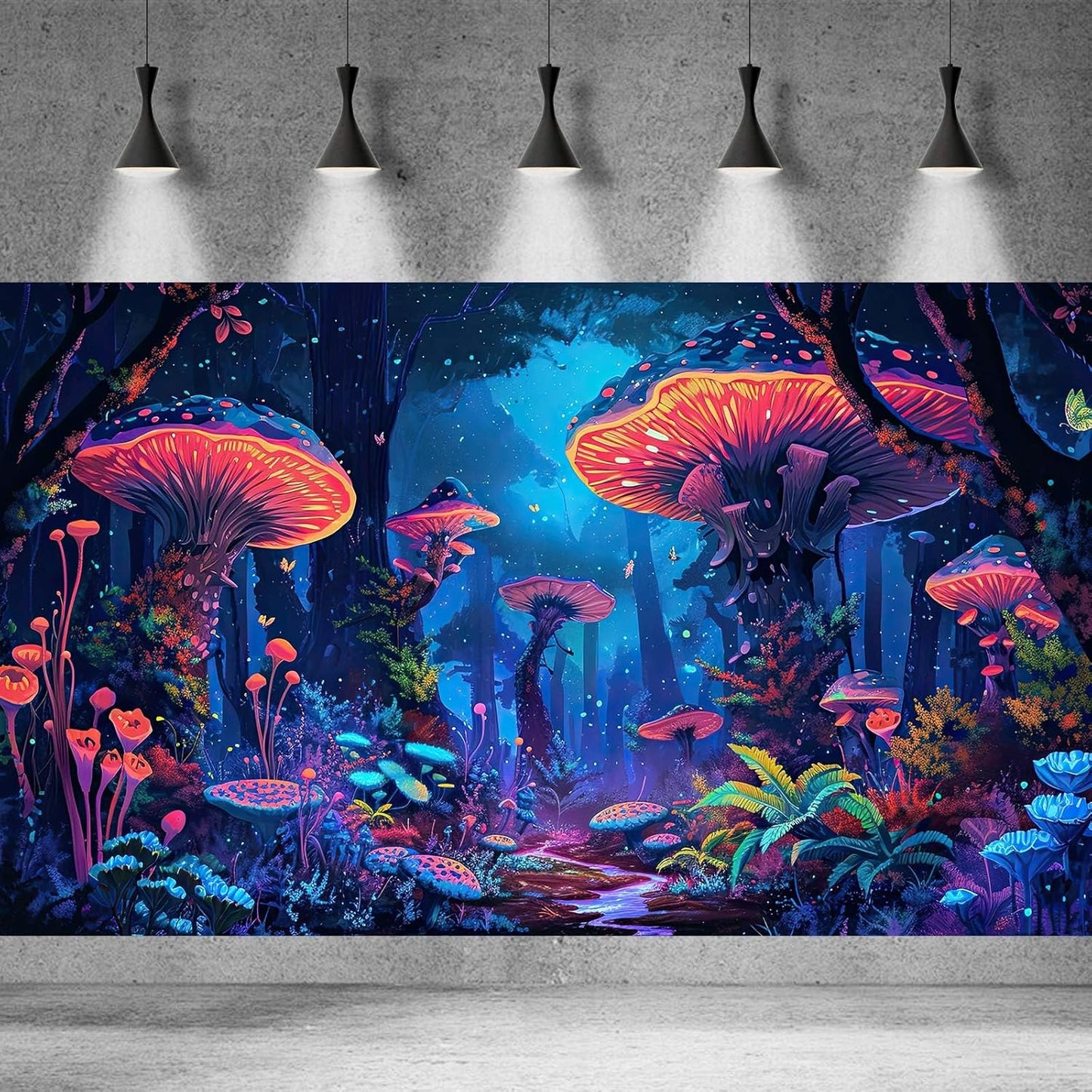 Mushrooms Aquarium Background Fantasy Bright Flowers Butterflies Fish Tank Backdrop Decoration Poster Trippy Wonderland Landscape with Giant Mystical Mushrooms Terrarium Background Decor 72x16in