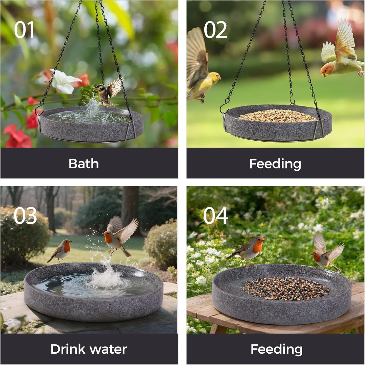 Stone Bird Baths for Outdoors,10inch Birds Bath Bowl with Hanging Accessories,Ground Bird Feeders and Birdbath Bowl, Bird Water Bowl for Balcony, Patio, Garden or Yard