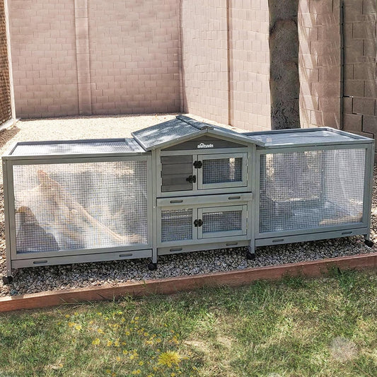 Aivituvin Rabbit Hutch Large 2-Story Bunny Cage Indoor Outdoor on Wheels Bunny House with Run,Pull-Out Tray