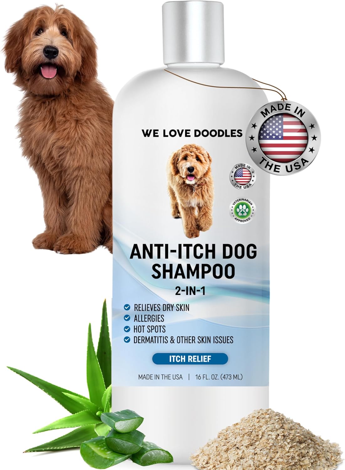 Premium Anti Itch Dog Shampoo for Sensitive Skin, Made in USA, Dry Skin Treatment for Dogs, Great for Allergies, Itching, Hot Spots, Natural Ingredients & Allergy Relief, 16 OZ [We Love Doodles]
