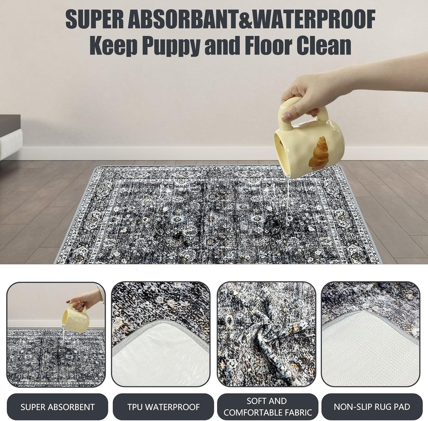 Washable Pee Pads for Dogs, (2 Pack, 36"x42") Upgrade Reusable Puppy Pads with Non-Slip Rug Pad, Super Thickening Absorbent Leakproof Dog Traning Pads Whelping Pad for Dogs, Doggie(Black)