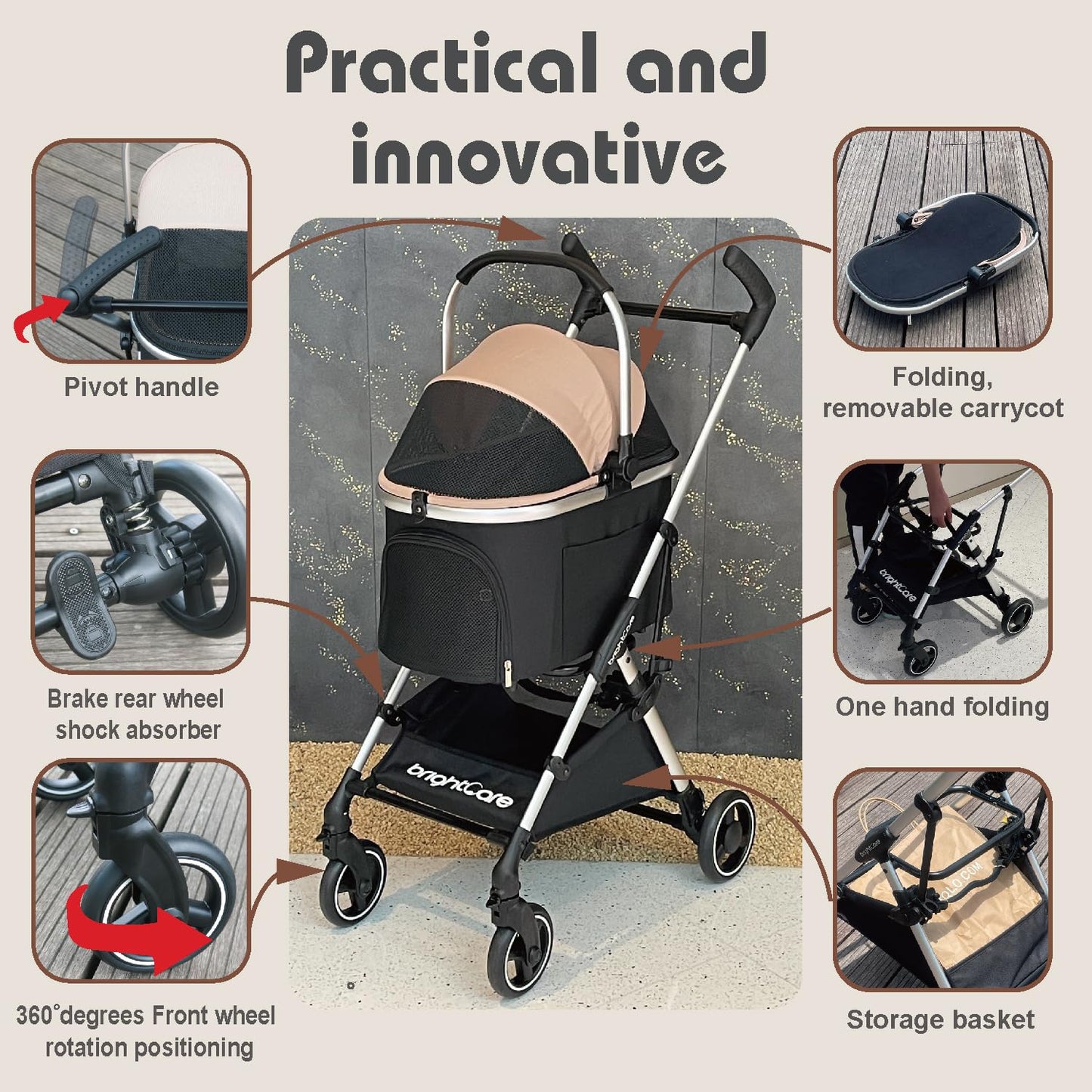 3-in-1 Small Pet Carrier with Stroller for Small Dogs & Cats Under 20 lb – Removable Carrier Converts to Car Seat – Lightweight, One-Hand Fold, No-Zipper Entry