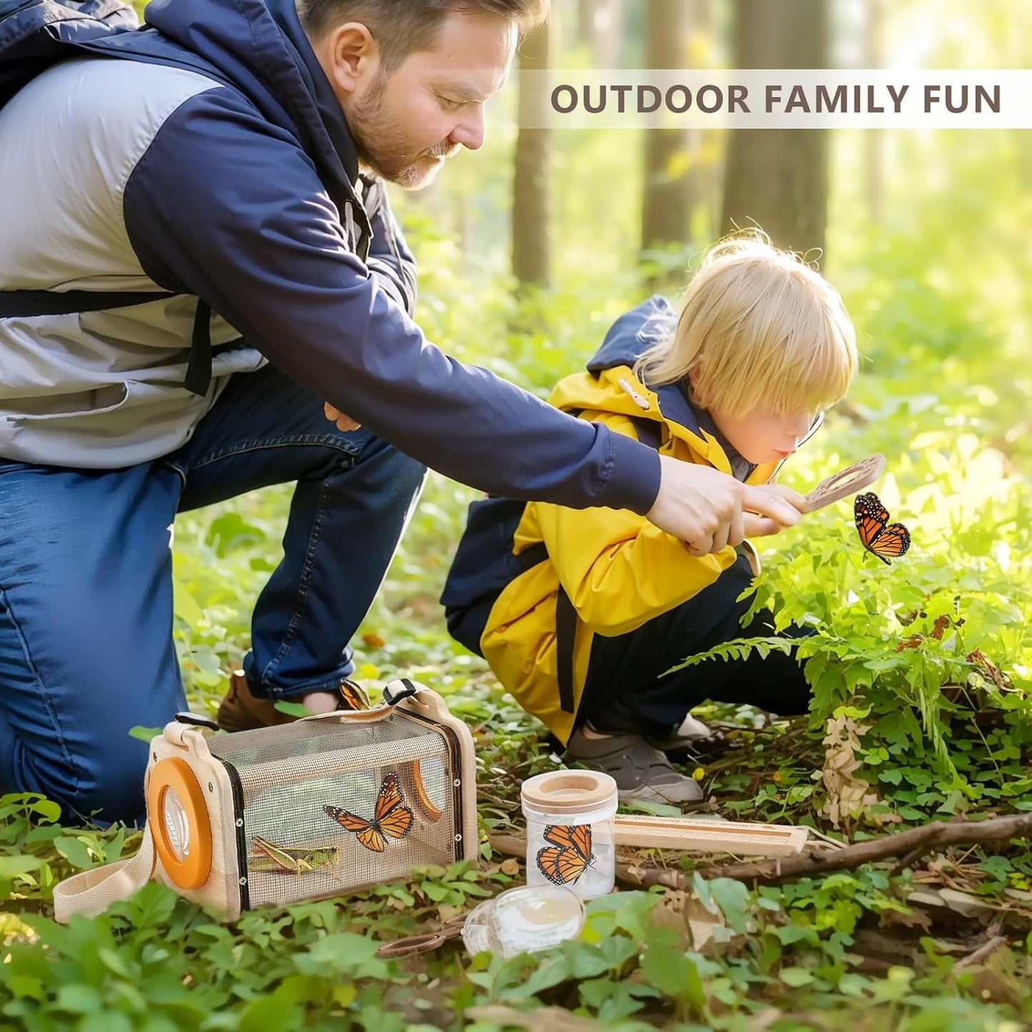 Wooden Bug Catcher for Kids, 8-in-1 Insect Exploration Set with Butterfly Net, Magnifying Glass, Bug Habitat, Tweezers, Compass,Outside Toys for Toddlers