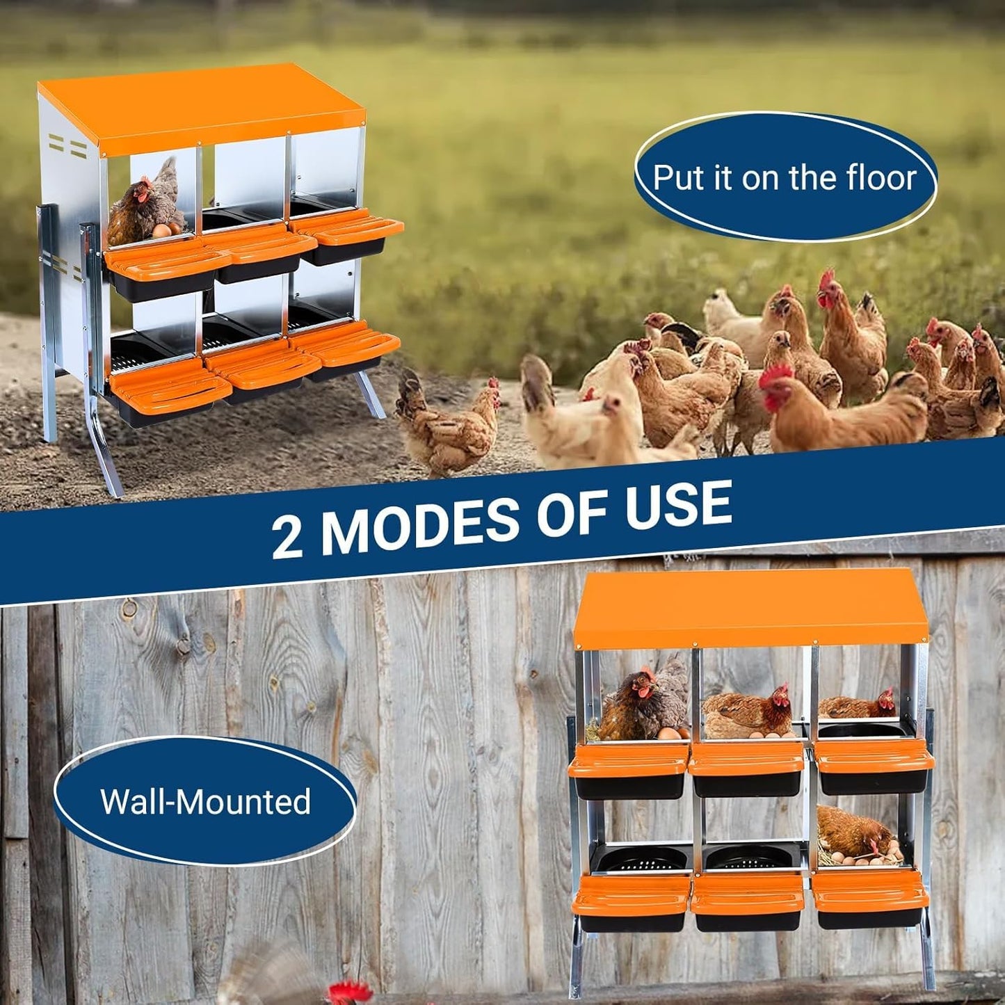 Chicken Nesting Boxes, 6 Hole Metal Chicken Laying Box with with Removable Trays and Roll Out Egg Collection for Chicken Coop, with Metal Bracket, Orange