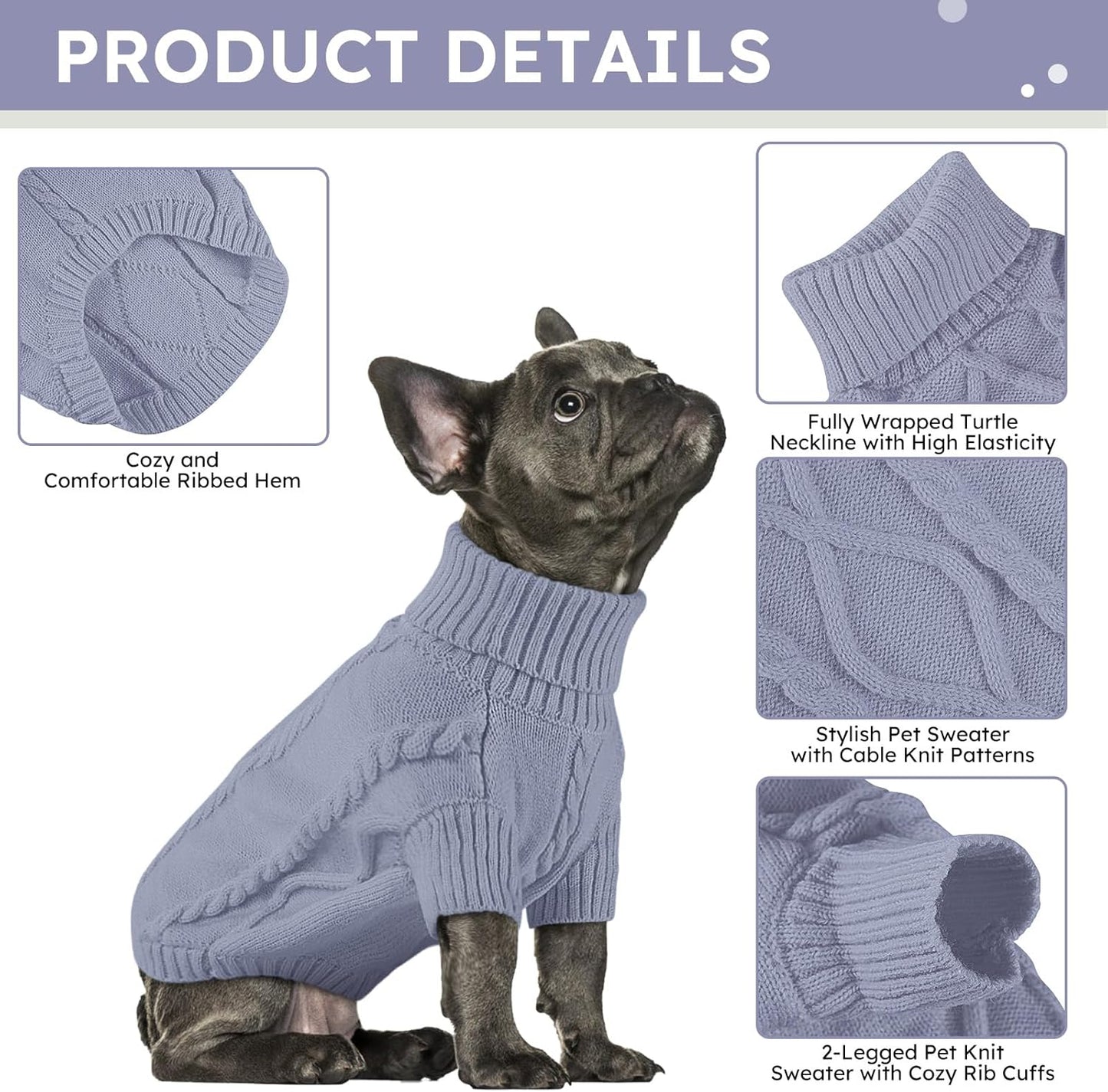 Queenmore Small Dog Pullover Sweater, Cold Weather Cable Knitwear, Classic Turtleneck Thick Warm Clothes for Chihuahua, Bulldog, Dachshund, Pug, Yorkie (Grey, Small)