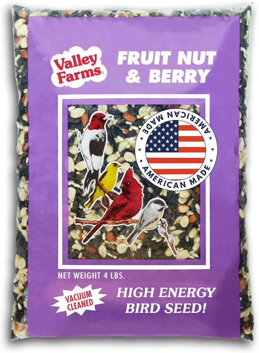 Valley Farms Fruit Nut & Berry (4 LB) Wild Bird Food Outside Feeders, Bird Seed with Dried Fruit, Peanuts, Sunflower, and Safflower, High Energy Mix for Healthy Birds!