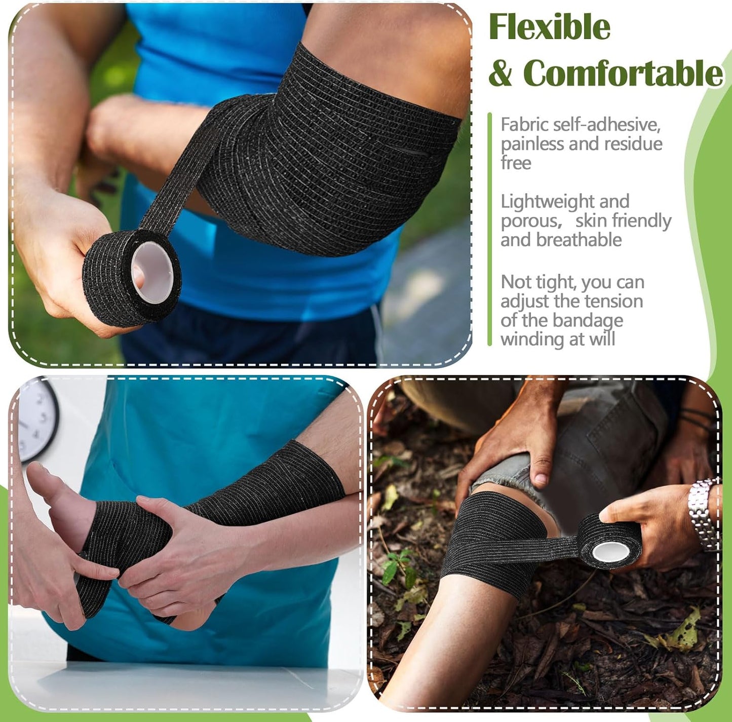 Treela 36 Pcs Self Adherent Bandage 1" X 5 Yard Wrap Breathable Cohesive Bandage Elastic Adhesive Tape for Stretch Athletic Sports Wrist Ankle(Black)