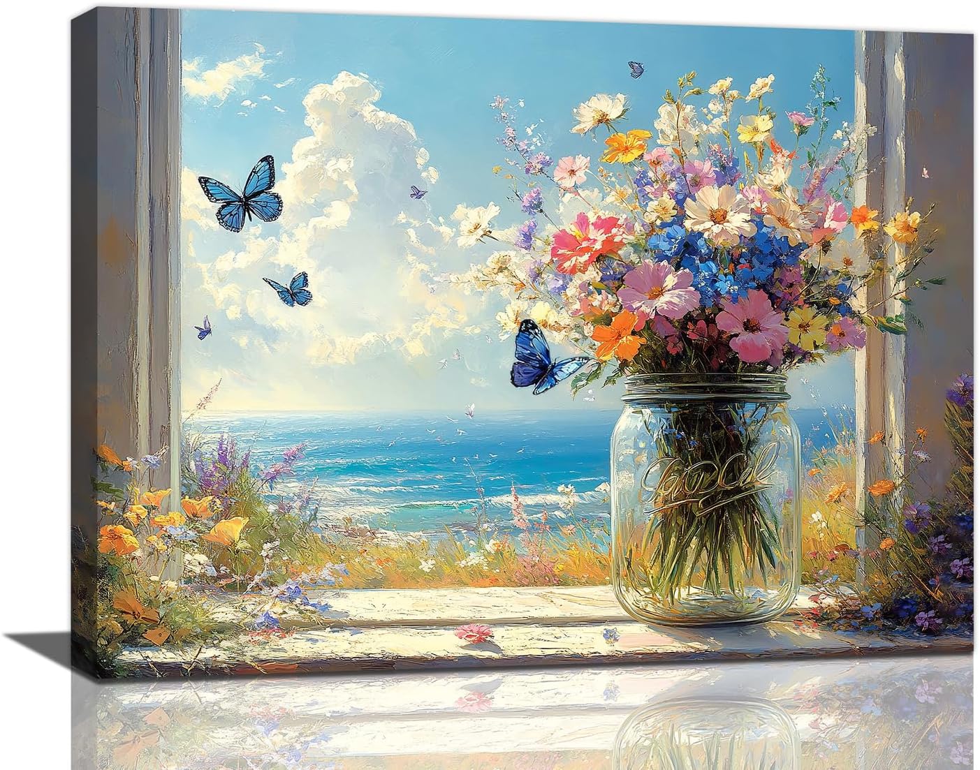 Beach Floral Bathroom Pictures Wall Art, Colorful Flower Bathroom Wall Decor, Coastal Ocean Framed Painting Canvas Artwork for Bedroom Living Room Decorations 16"L x 12"W