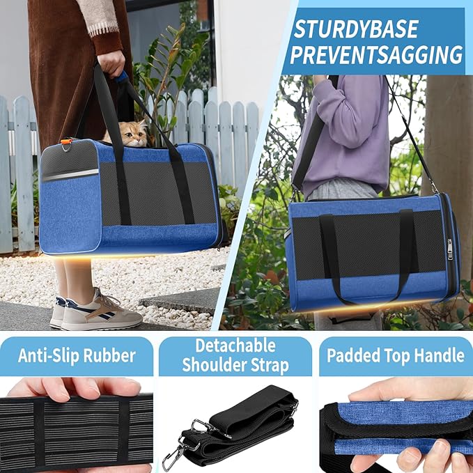 Pet Carrier Large Cats 20 lbs Top Load/Soft Sided Small Dog Travel Carriers/Collapsible Carrier Bag for Medium Cat Puppy/Sturdy Transport Carriers Long Trips/Medium Cats 15 pounds Blue