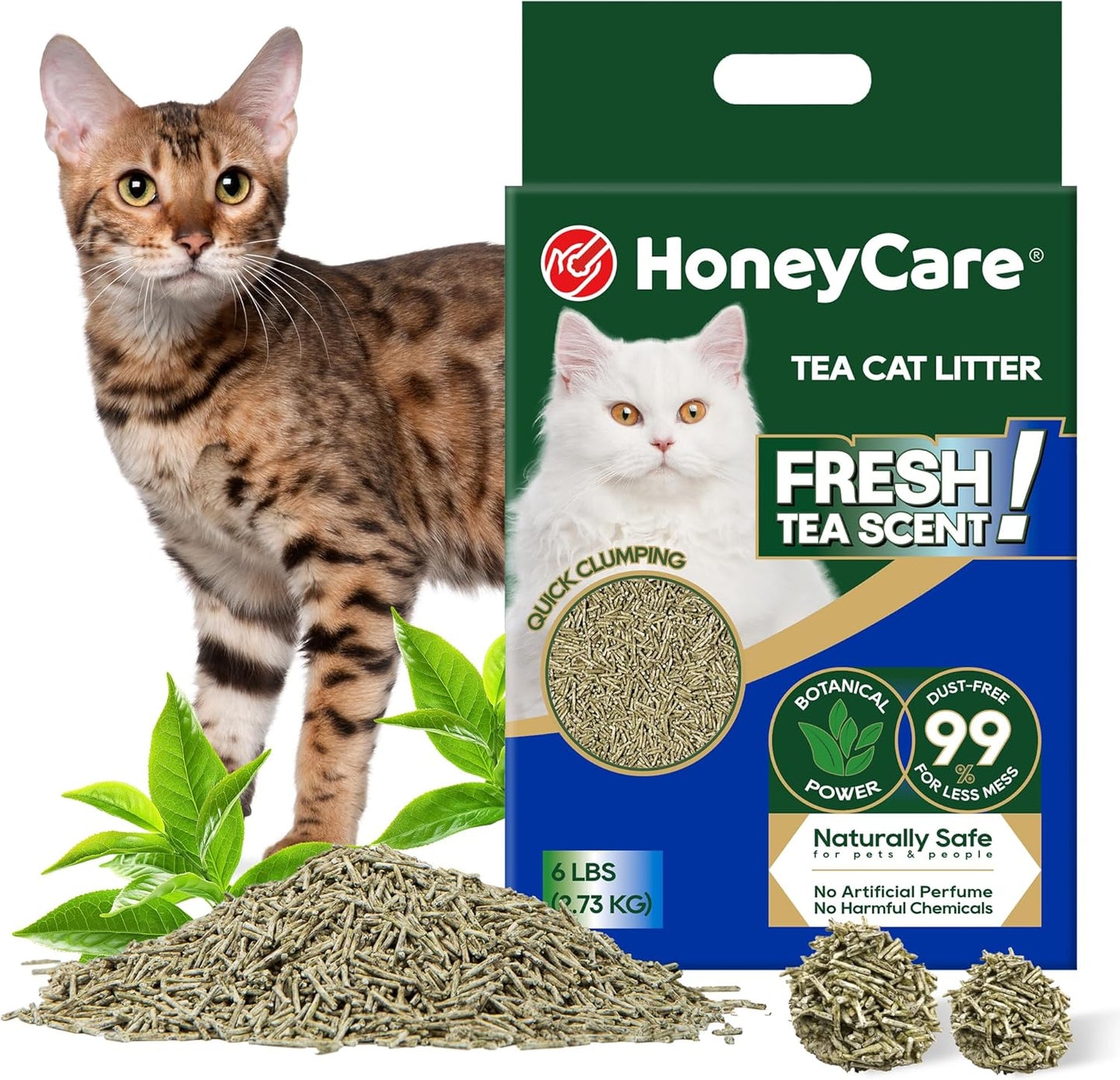 HoneyCare Tea Cat Litter | Natural Plant-Based Formula | Long-Lasting Odor Control | 99% Dust-Free & Low Tracking | Flushable Cat Litter | 6-lbs