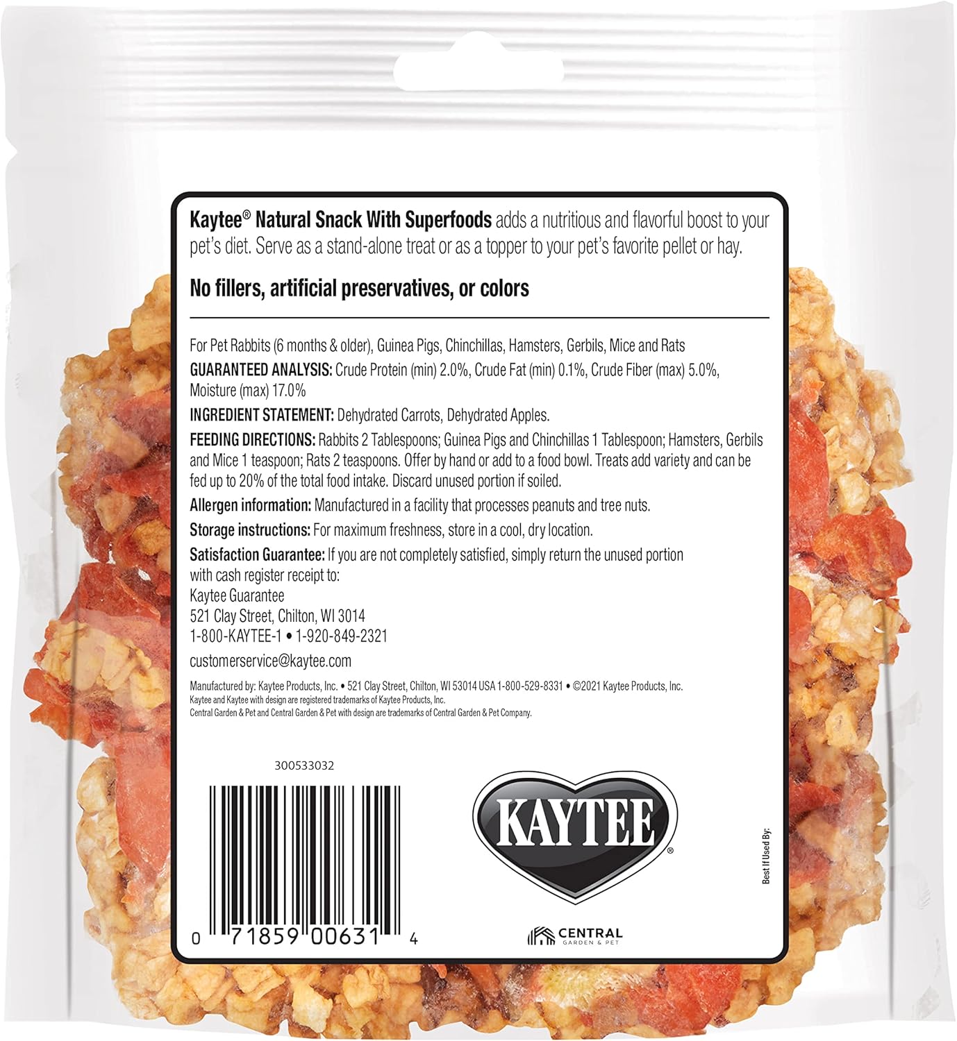 Kaytee Natural Snack with Superfoods for Pet Guinea Pigs, Rabbits, Hamsters, and Other Small Animals, Apple & Carrot, 2.5 Ounces (Pack of 2)