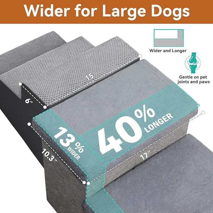 Dog Stairs with Furry Lids 18" H, 3-Step Wider Dog Steps with Storage for Small/Medium/Large Old Dogs Cats, Folding Sturdy Pet Stairs Climbing Bed Couch, Ramp for Car Hold Up to 200 lbs, Grey