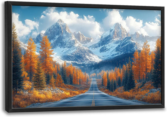 Large Forest Mountain Landscape Wall Art for Living Room, Nature Highway Road Scenery Canvas Oversized Wall Decor, Autumn Framed Pictures Painting Print Artwork for Bedroom Office 36"L x 24"W