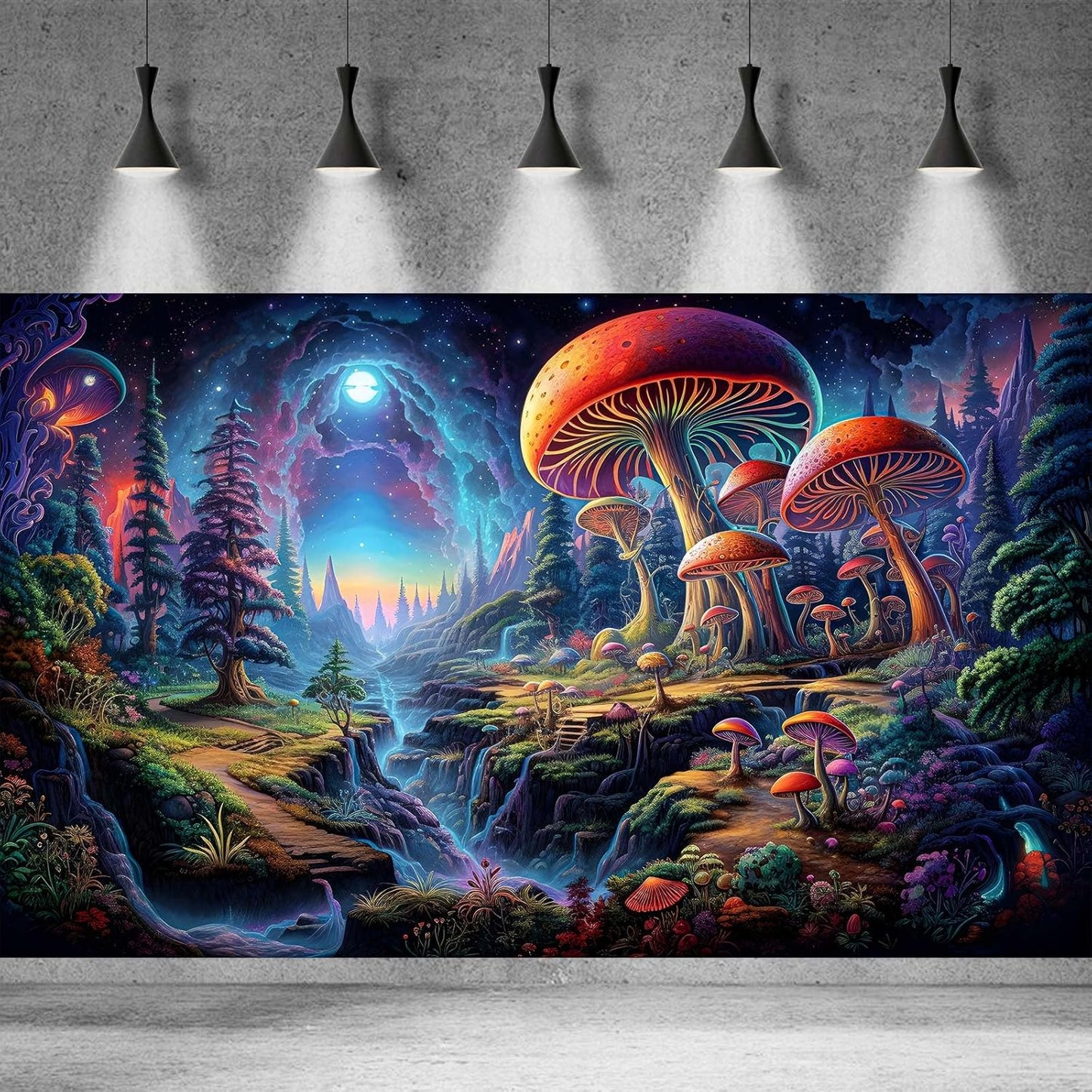 Forest Aquarium Background Fantastic Cartoon Forest Landscape with Mushrooms and Flowers Terrarium Background Fantasy Pine Tree Mysterious Mushroom Theme Fish Tank Backdrop Poster Decor 48x18in