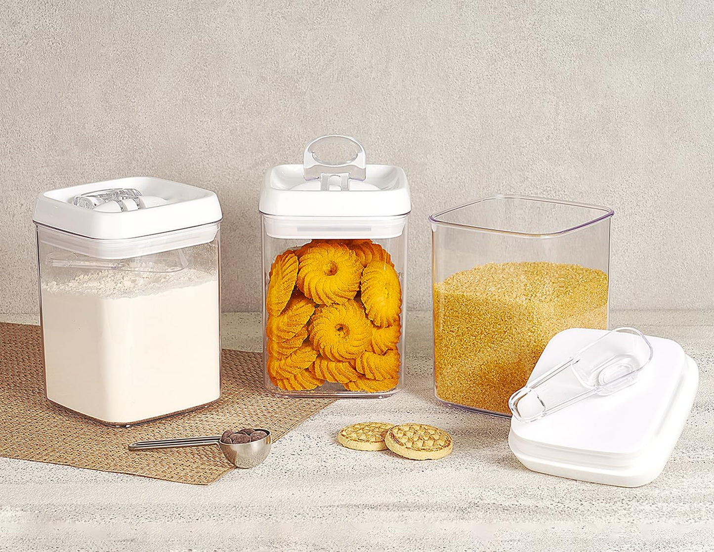 Felli Flip Tite Storage Container with Built-In Spoon & Airtight Lid 5” Large-M Ring Flip Top, Stackable Acrylic Canister for Rice Sugar Flour Protein Powder, Kitchen Pantry Organizer (1.8qt)