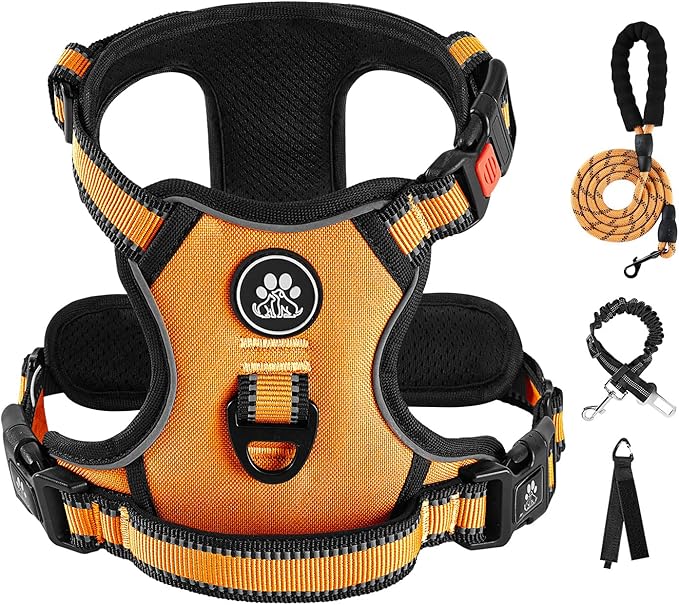 IVY&LANE No Pull Dog Harness for Large Dogs, Dog Vest Harness with Leash, Safety Belt and Storage Strap, Fully Adjustable Harness, 360° Reflective Strip, Soft Handle (Orange,X-Large)