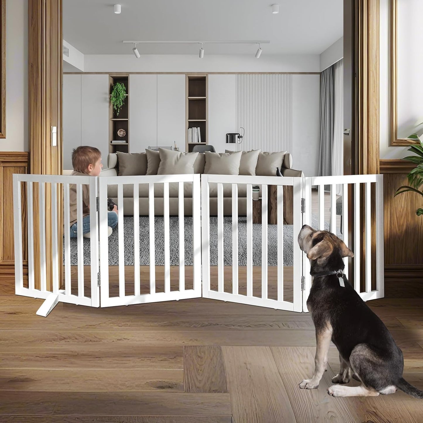 ZJSF Freestanding Indoor Dog Gate for House Foldable Wood White Puppy Gate for Doorways Pet Gate for Stairs Extra Wide Pet Fence 24" Height 4 Panels