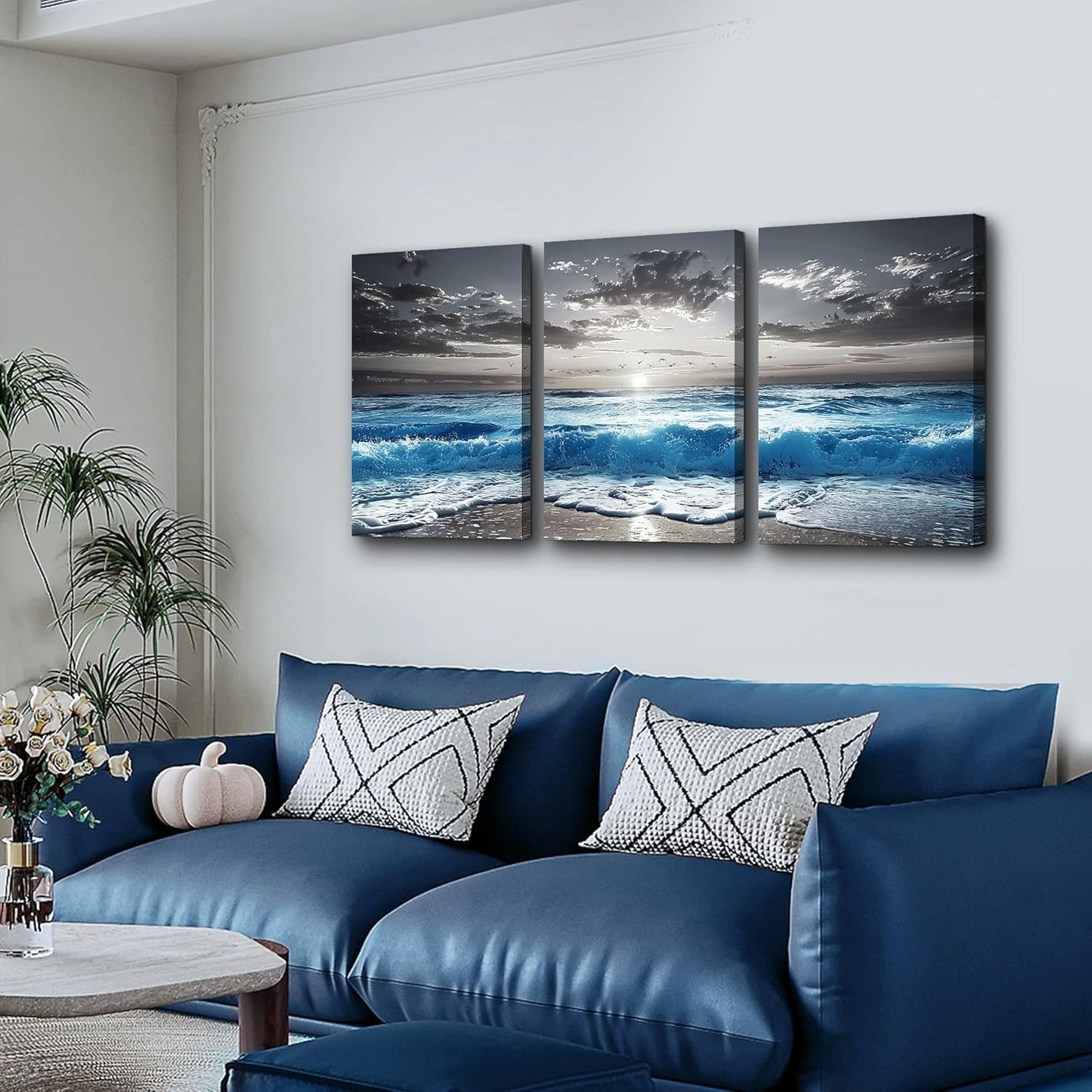 TTHYUEWS Beach Wall Art For Living Room Canvas Wall Decor For Bedroom Office Decorations Blue Sea Wave Paintings Black And White Wall Pictures Artworks Bathroom Canvas Art Modern Home Decor 3 Piece