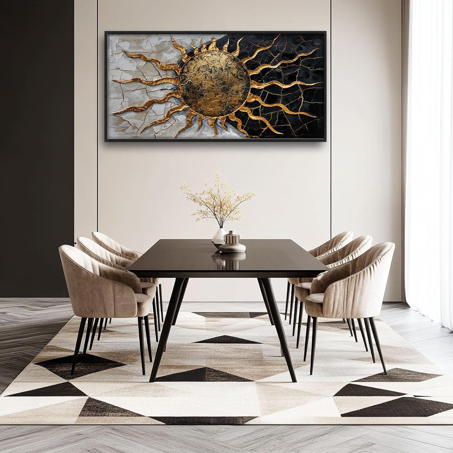 Quorin Golden Sun Large Wall Art Abstract Day and Night Pictures Black and Golden Wall Decor Canvas Print Painting Artwork for Bathroom Living Room Bedroom 60L x 30W