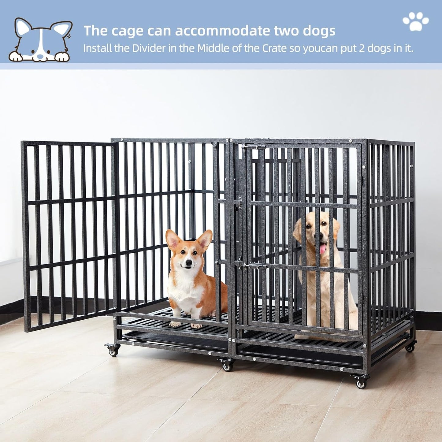 54 inch Heavy Duty Indestructible and Escape-Proof Dog Crate Cage Kennel for 1 XL or 2 Medium Dogs, Divider Panel, Removable Tray & Wheels, for High-Anxiety Dogs, Extra Large XL (Black)