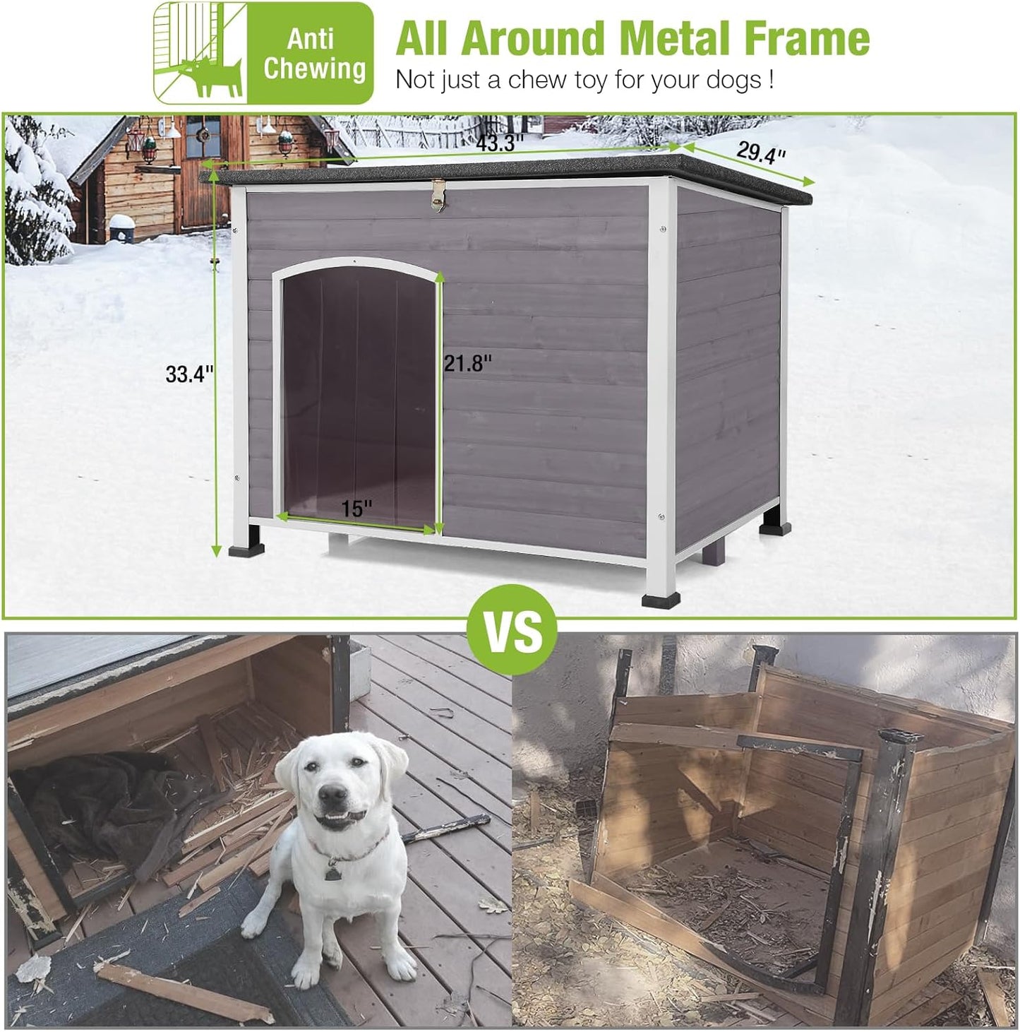 GUTINNEEN Large Insulated Dog House for Winter Outdoor Dog Kennel with Anti-Chewing Metal Frame for Medium to Large Dogs,Grey and White