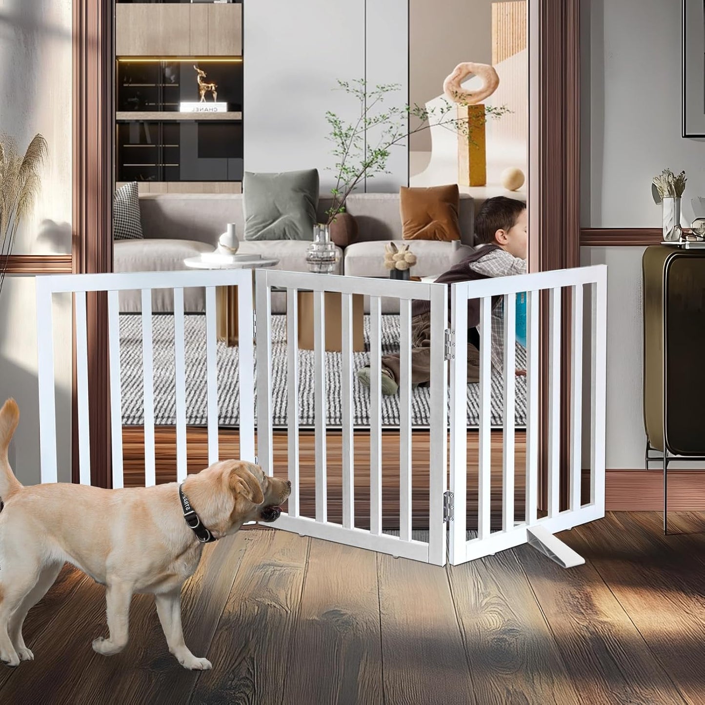ZJSF Freestanding Indoor Dog Gate for House Foldable Wood White Puppy Gate for Doorways Pet Gate for Stairs Extra Wide Pet Fence 24" Height 3 Panels