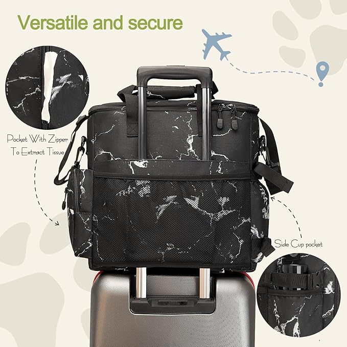 Dog Travel Bag,Weekend Pet Travel bag Set for Dog and Cat,Airline Approved Tote Multi-Function Dog Bags for Traveling,Include 2 Collapsible Bowls,2 Food Storage Containers,1 Feeding Mat,Marble