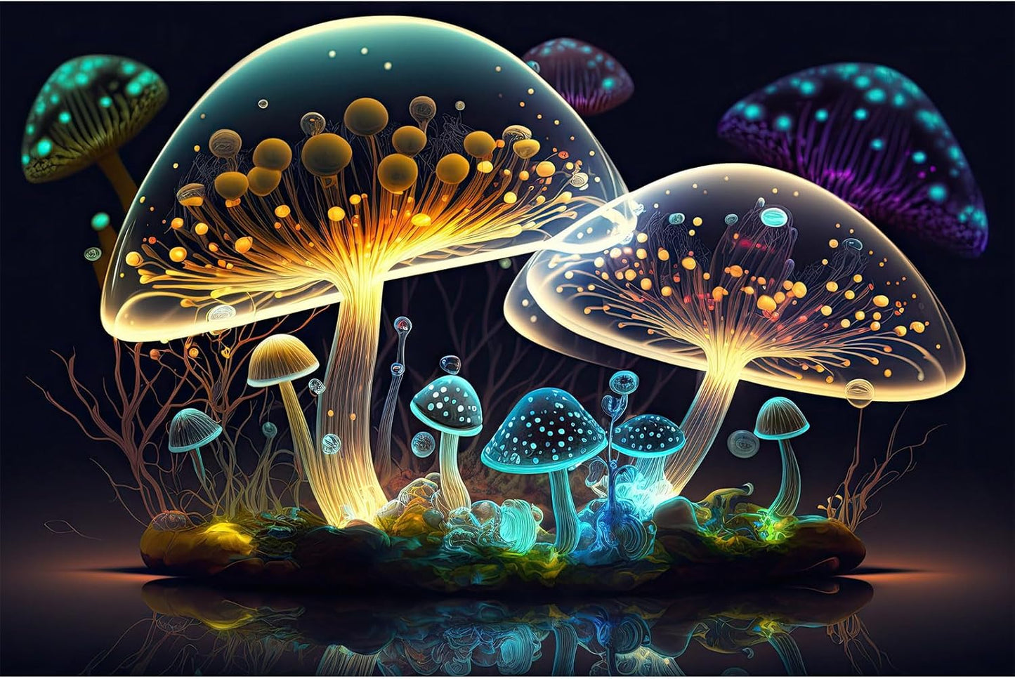 Mushroom Aquarium Background Abstract Glowing Fantasy Mushrooms Terrarium Background Mysterious Forest Magical Night In Circle Shape Crystal Glass Fish Tank Backdrop Decorations Vinyl 24x12in