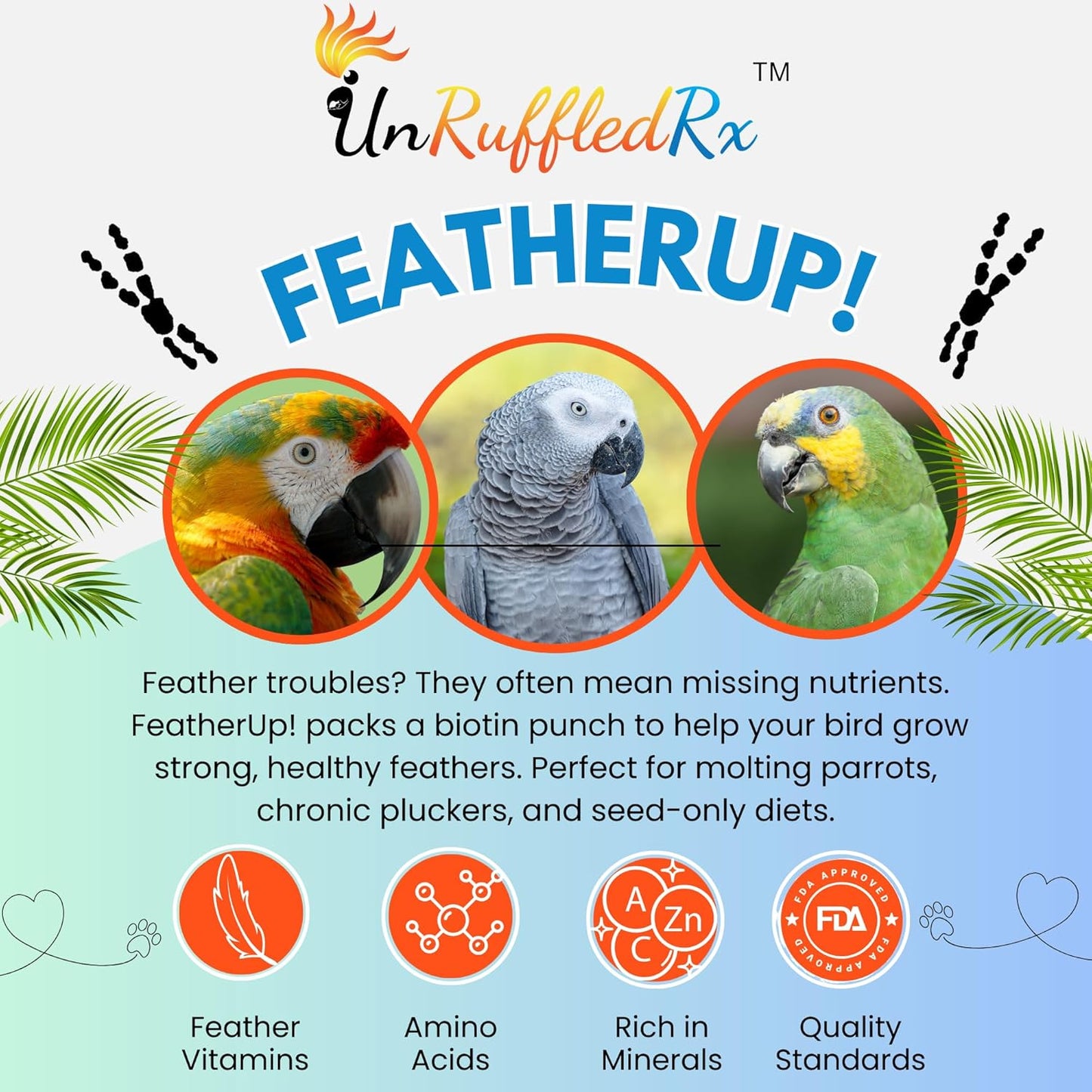 FeatherUp! Bird Vitamins with Biotin for Beautiful Plumage - Feather Growth Supplements for Parrots - 90 gm - 240 Servings
