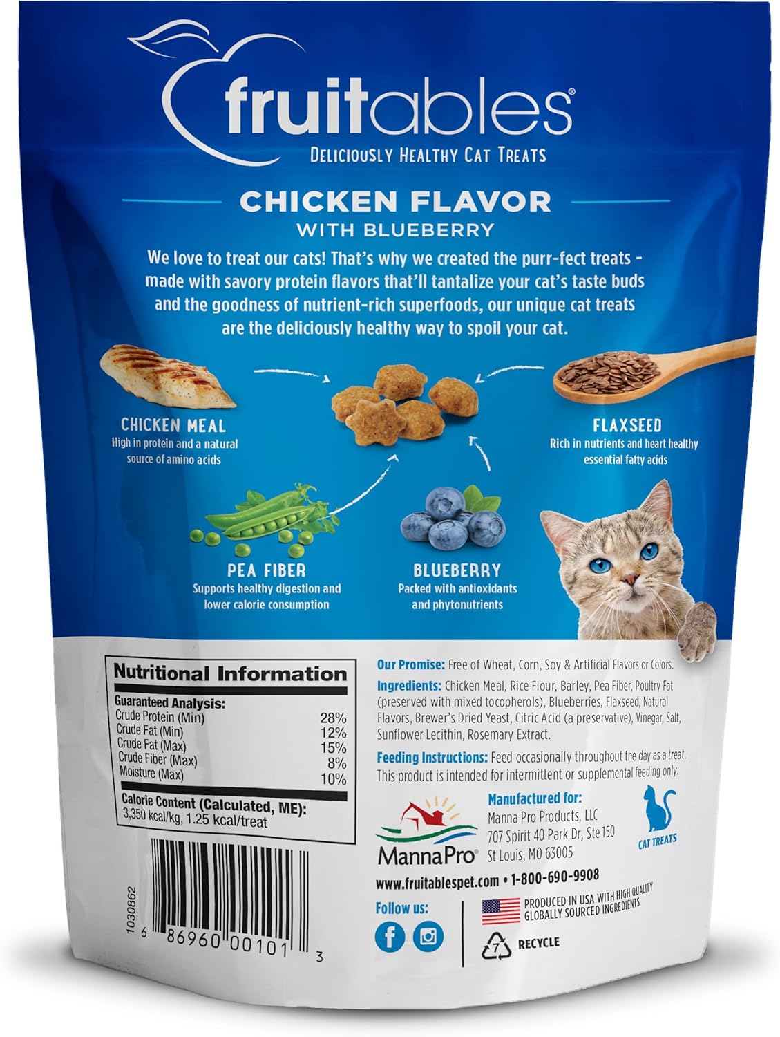 Fruitables Cat Treats Crunchy Cat Treats Packed with Protein Healthy Low Calorie Free of Wheat, Corn and Soy Made with Real Chicken and Blueberry 30 Ounces