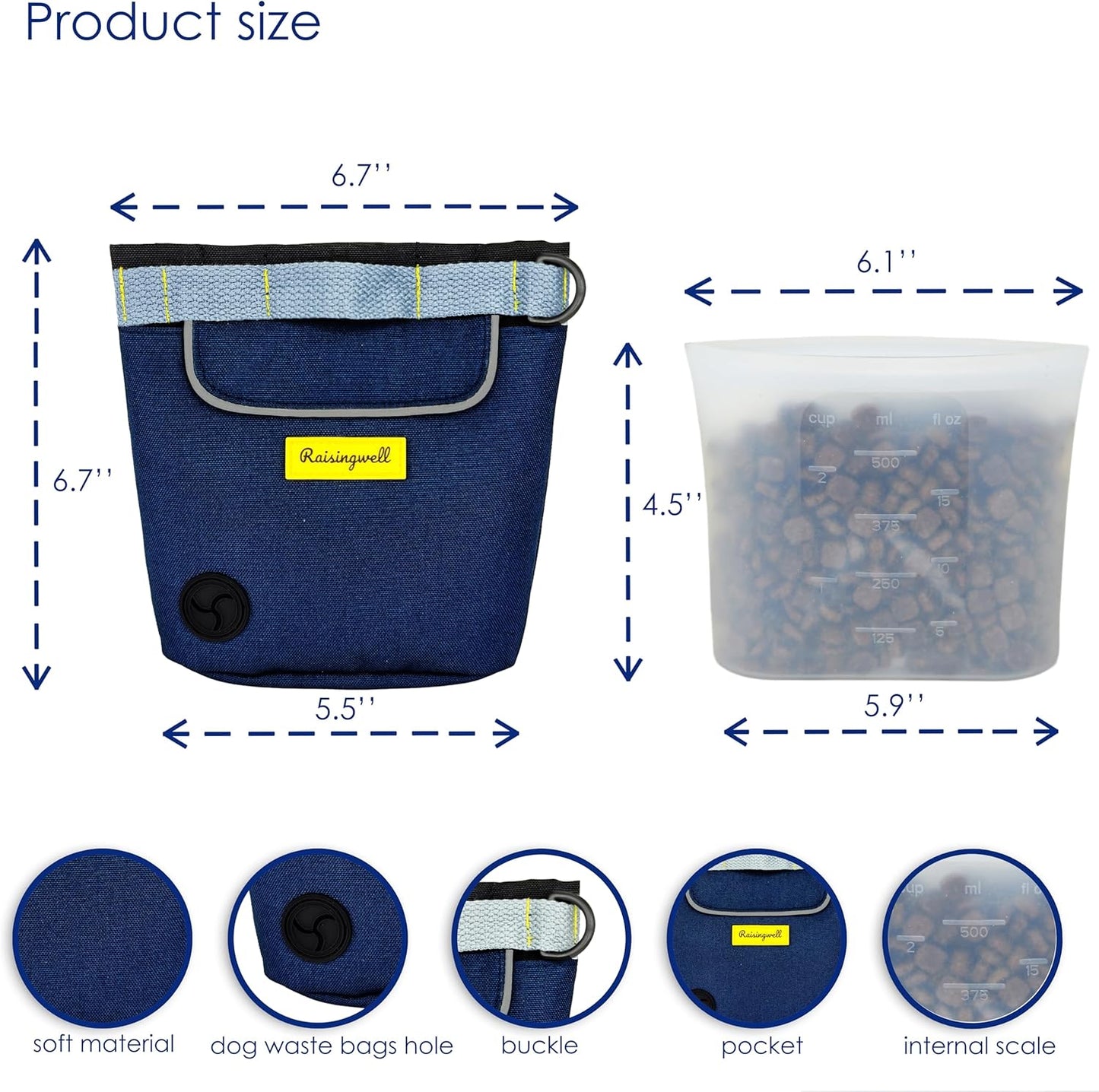 Dog Treat Pouch for Pet Walking and Training with Clicker 2 Cup Silicone Bag Small Fanny Pack Holder for Puppy Snack Dispenser Kit for Leash and Outdoor Use (Blue)