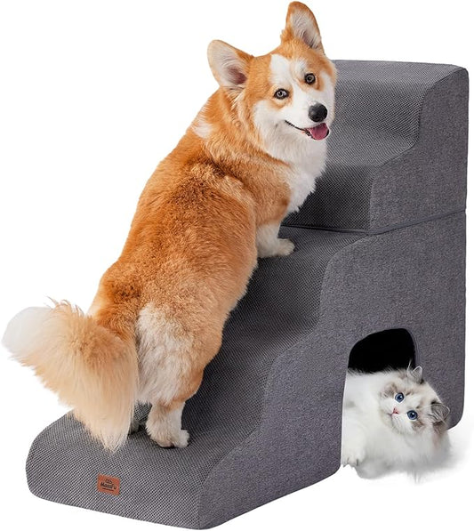 Gray Curved Dog Stairs Ramp for High Beds 28.7" H, 5-Step Dog Steps for Small Dogs and Cats, Pet Stairs for High Bed Climbing, Non-Slip Balanced Pet Step