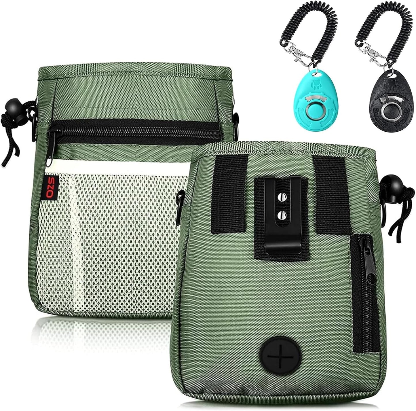 Dog Treat Pouch-3 Ways to Wear Treat Pouches for Pet Training and 2 Pieces Clicker Taining for Dogs,Dog Training Treat Pouch Bag and Dog Clicker for training with Waist Belt Shoulder Strap-Dark Green