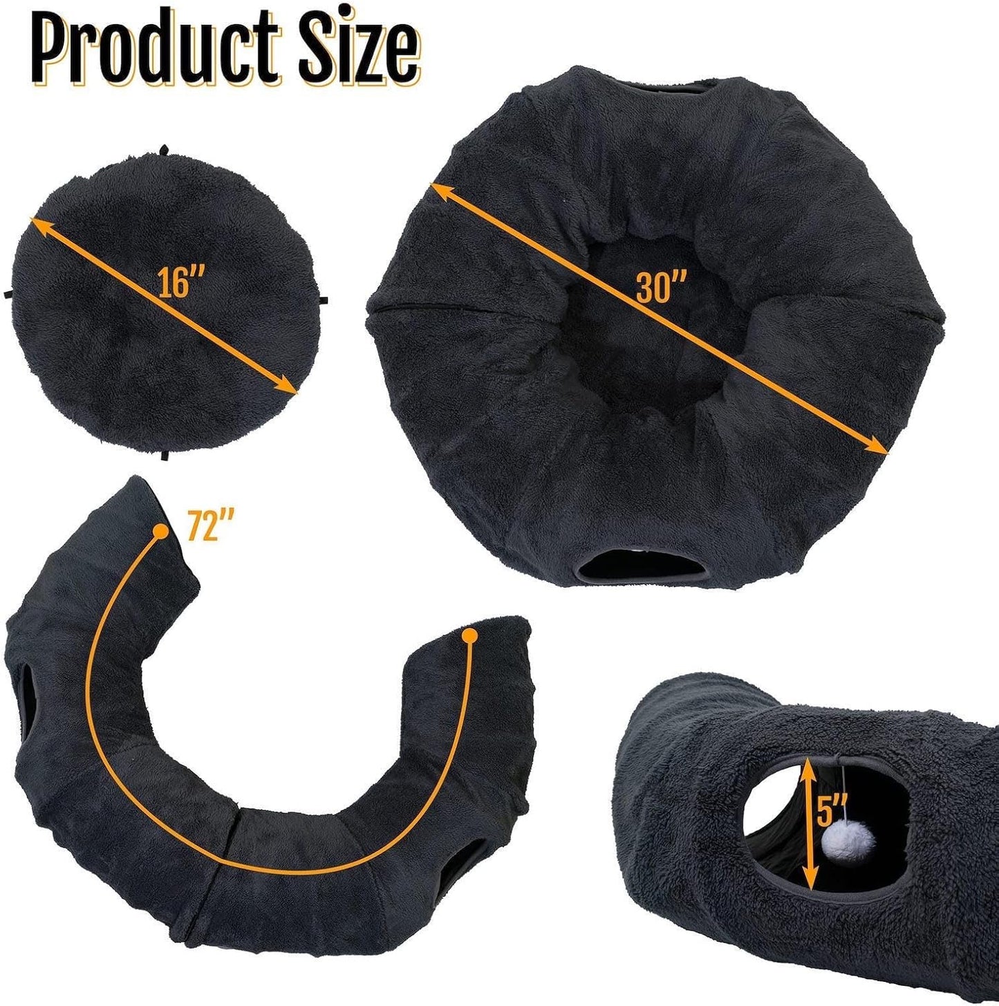 R1M Cat Tunnel Bed for Indoor Cats, Cute Cat Donut Tunnel Toys for Small, Larger Cats with Two Fish Cat Toys, Round Pet Peekaboo Cave Toy for Kitten, Dark Grey