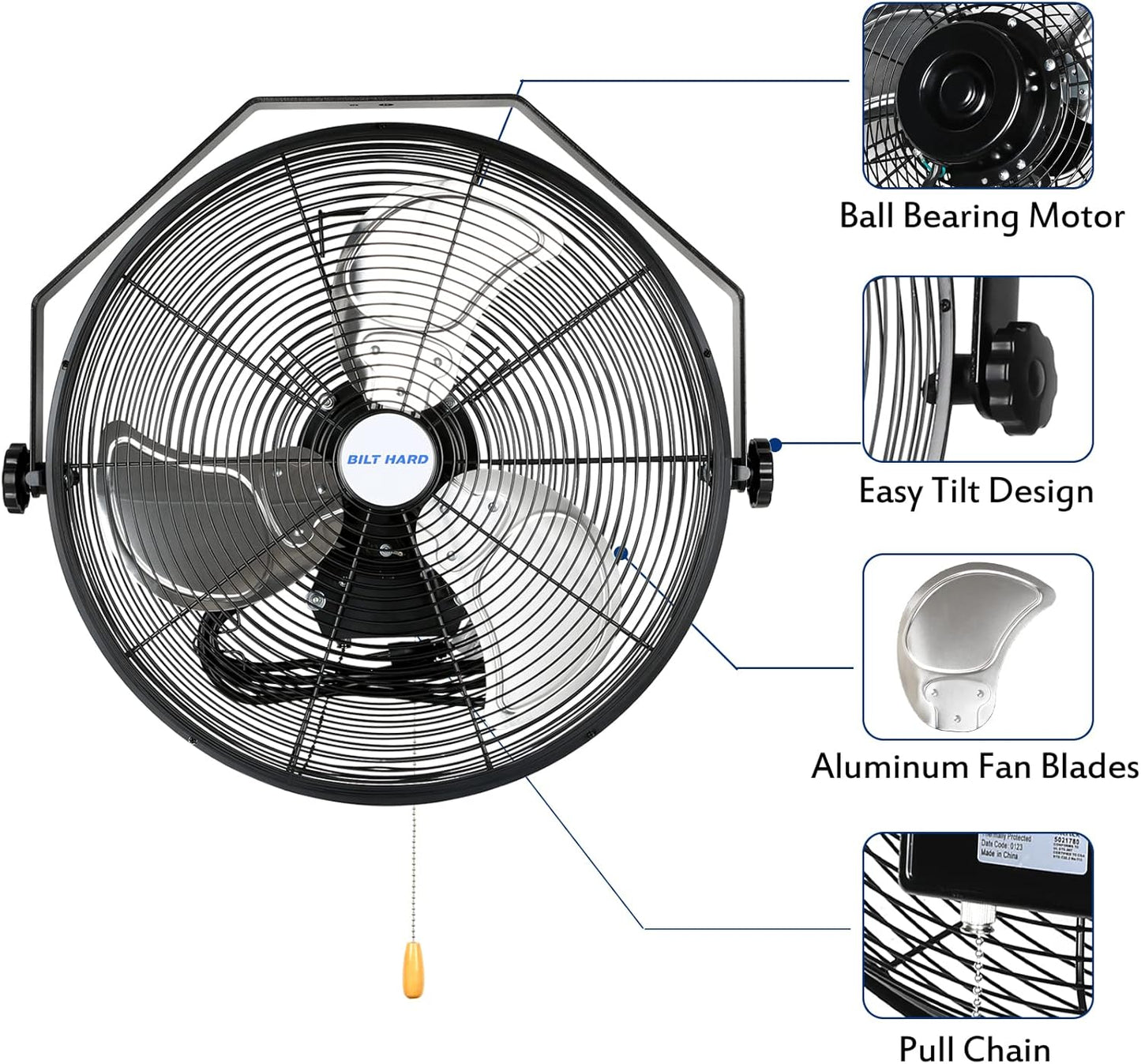 BILT HARD 4600 CFM 20 in. Industrial Wall Mount Fan, 3-Speeds High Velocity Wall Fan with Sealed Motor, Heavy Duty Metal Barn Fans for Garage, Commercial, Greenhouse, Warehouse & Shop Use
