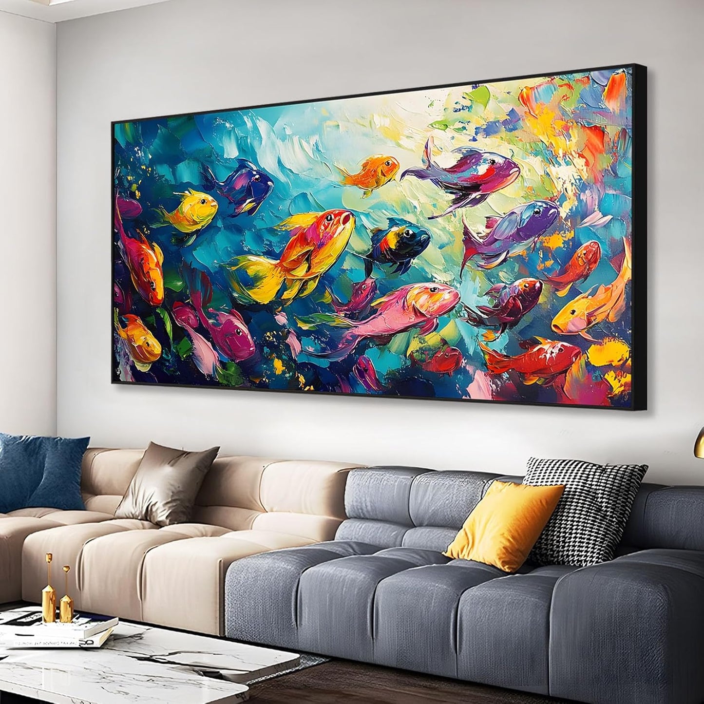 School of Fish Printed Canvas Wall Art – Framed Abstract Ocean Print – Vibrant Fish Wall Decor for Living Room, Bedroom, Office (Gold Framed, 39"x19"|100x50cm)