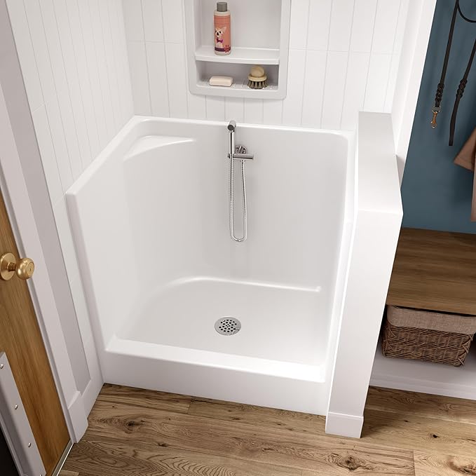 Laurel Mountain Odie 36" x 27" x 36" AcrylX Alcove Center Drain One-Piece Pet Shower in White with Hand-Held Sprayer in Matte Black