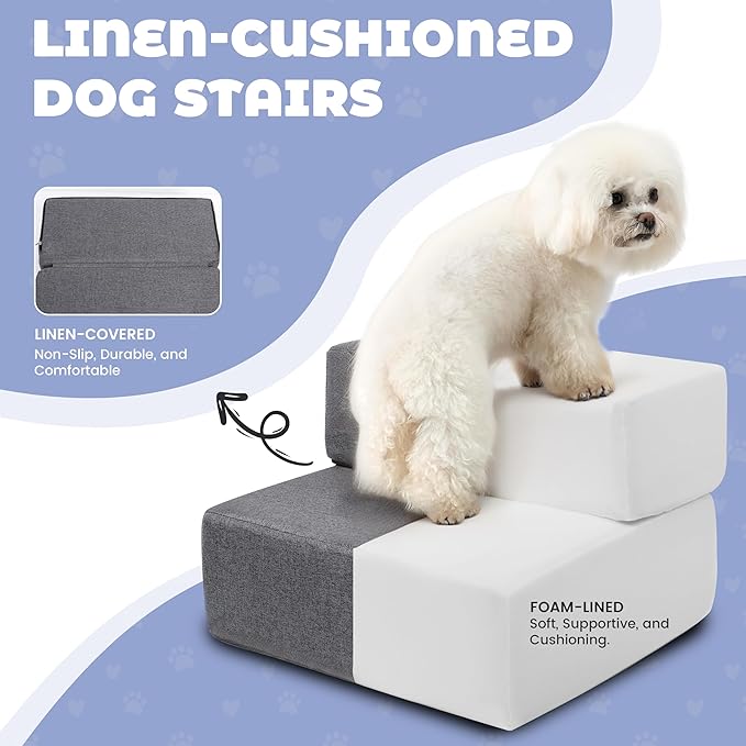 Foldable 18 Inch Wide Dog Stairs for Small Dogs, 12 Inch Height Foam Dog Steps for Bed & Couch, Linen Covered Pet Stairs for Dogs to Get on Bed, Indoor Foam Pet 2 Steps for for Cat and Puppy