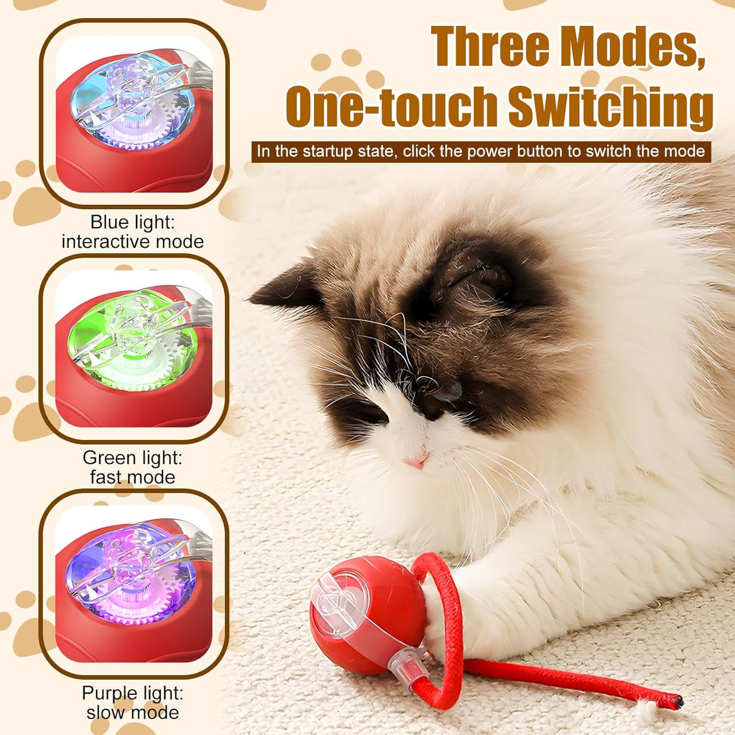 360 Smart Automatic Rolling Pet Ball,Interactive Cat Toys Balls,Automatic Moving Cat Balls,Interactive Cat Toys for Bored Indoor Cats (Red)