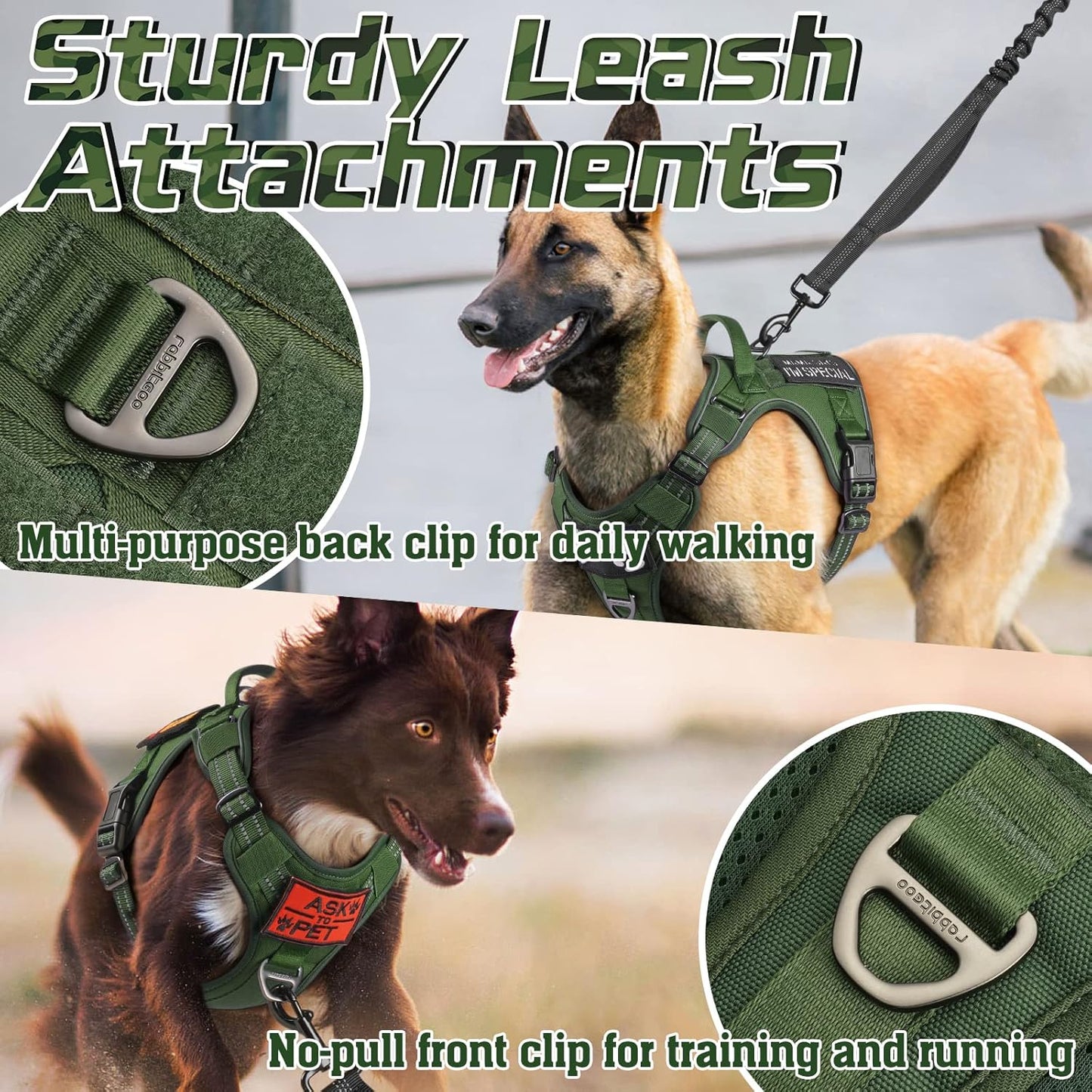 rabbitgoo Tactical Dog Harness for Large Dogs, No Pull Military Service Vest with Handle & Molle, Easy Control for Training Walking, Adjustable Reflective Straps, Green, L
