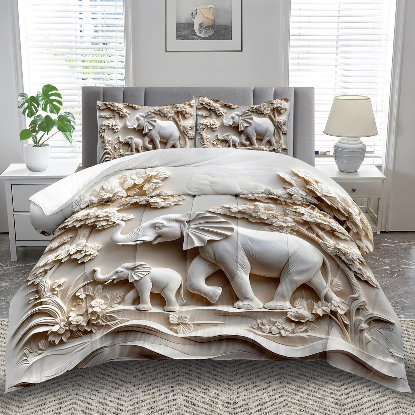 Elephant Comforter Set Twin Adult, White Animal Bedding Set Twin for Man, Cute Animal Comforter for Kids,Elephant Quilt Pattern White Bedroom Decor Womens, Relief Bedding