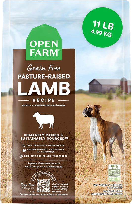 Open Farm, Grain-Free Dry Dog Food, Complete & Balanced Kibble, Sustainably & Ethically Sourced Ingredients, Non-GMO Veggies & Superfoods Support Overall Health, Pasture Raised Lamb Recipe, 11lb Bag
