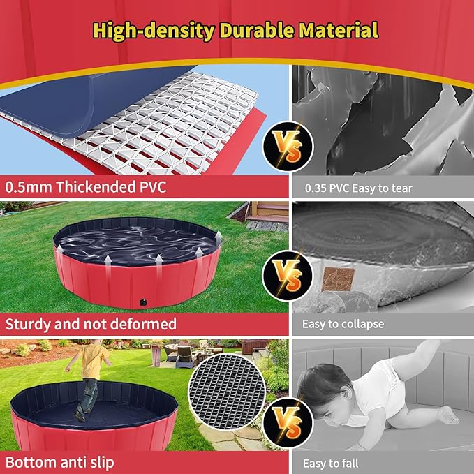 Foldable Dog Pool, 47" x 12" Kiddie Pool with Hard Plastic, Non-Slip Dog Bath Tub for Outdoor Backyard, Collapsible Dog Swimming Pool for Kids Dogs Pets (Red)