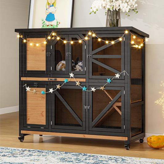 47.3" Two Story Rabbit Cage Bunny Cage Indoor, Wooden Rabbit Hutch Hamster Cages for Small Animals, Outdoor Guinea Pig Cages with Wheels & 2 Removable Trays & Bottom Wire Mesh