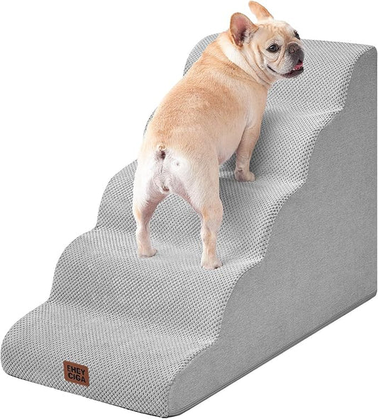 EHEYCIGA Curved Dog Stairs Ramp for High Beds, 5-Step Extra Wide Dog Steps for Small Dogs and Cats, Pet Stairs for High Bed Climbing, Non-Slip Balanced Pet Step Indoor, Light Grey
